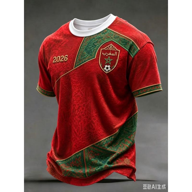 NOVÝ fotbalový dres Marockého týmu Červený Zelený Raglánový Rukáv 3D TISK Krátký Rukáv Fotbalové Tričko Unisex Fanouškovské Tréninkové Sportovní Tričko Top