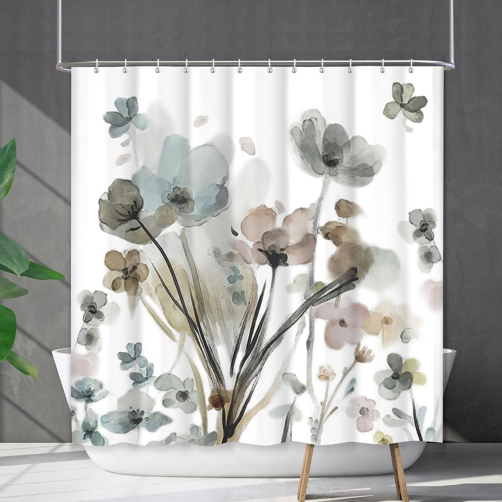 Green Plant Waterproof and Mildew-proof Polyester Bathroom Shower Curtain Shower Curtain Partition Curtain Free of Punching