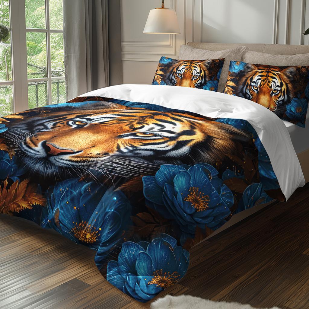 3 szt. Luksusowy komplet pościeli z tygrysem i kwiatami Poszewka na kołdrę Zestaw pościeli z tygrysem i kwiatami Bohemianowy tematyczny zestaw kołdry na łóżko Elegancki tygrys