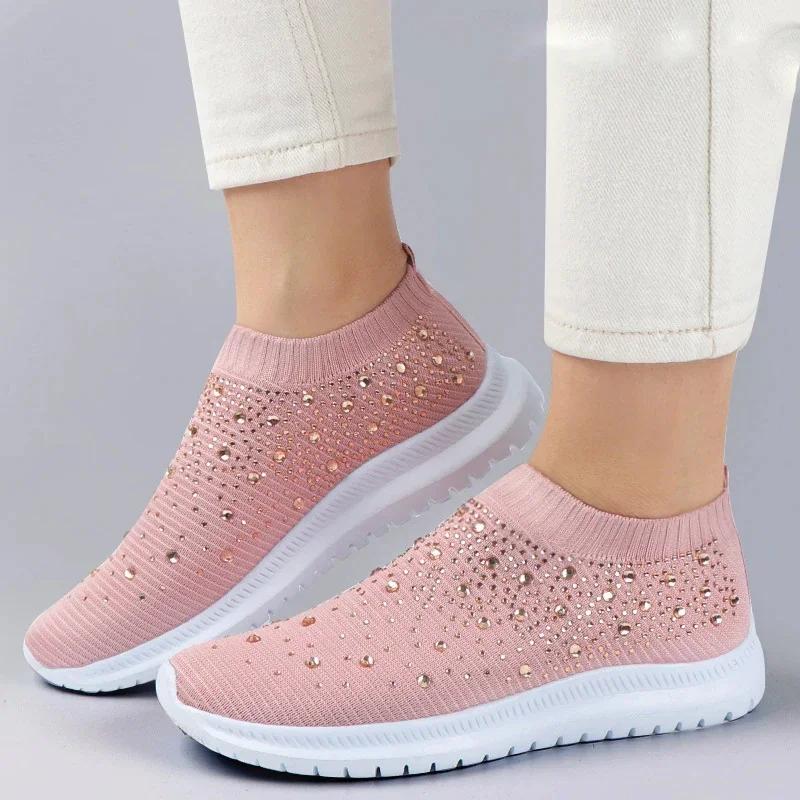 

Fashion Plus Size Shiny Crystal Knitted Sneakers for Women Breathable Mesh Casual Sports Shoes Woman Lightweight Non Slip Walking Shoes 35 розовый