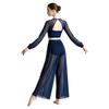 Damen Lyrical Dance Outfits Laternenärmel Rückenfreies Crop Top Eingearbeiteter Slip Netzhose Fließende Tanzbekleidung