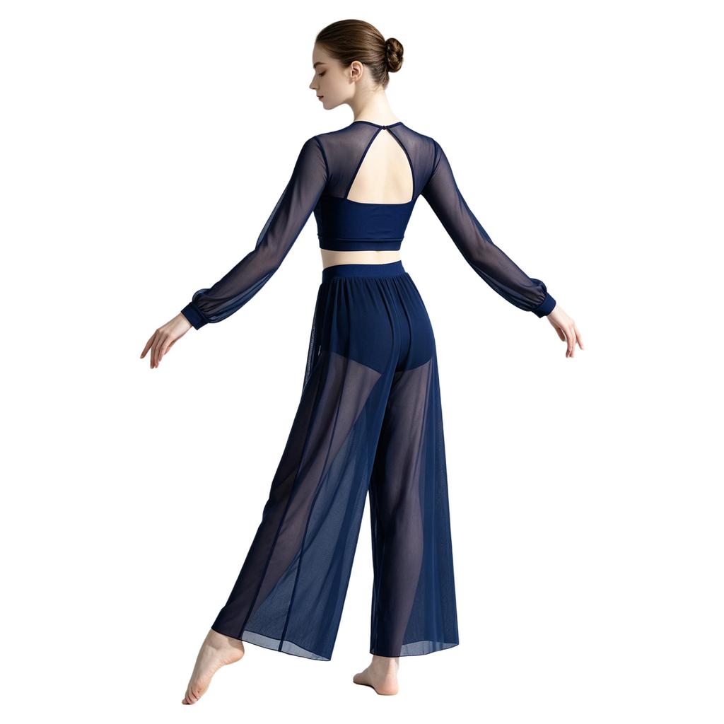 Damen Lyrical Dance Outfits Laternenärmel Rückenfreies Crop Top Eingearbeiteter Slip Netzhose Fließende Tanzbekleidung