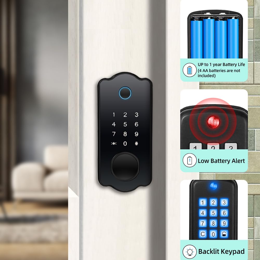 HEIYE Fingerprint Door Keyless Entry Smart Door Waterproof Auto TTlock IC Electronic Fingerprint Door Lock with Handle Lever Set for Front Doors Lock,