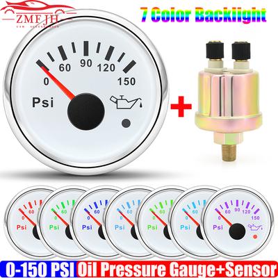Car Waterproof 2"52mm Oil Pressure Gauge+Sensor 7 Color LED 0~150PSI Oil Press Meter with Flash Alarm Boat Yacht 12V24V