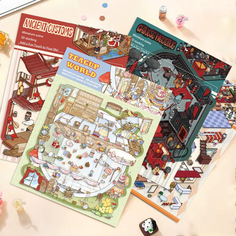 Cartoon Landscape Sticker Cute Miniature World 3D Three-dimensional House Unzipped DIY Scene Handbook Sticker