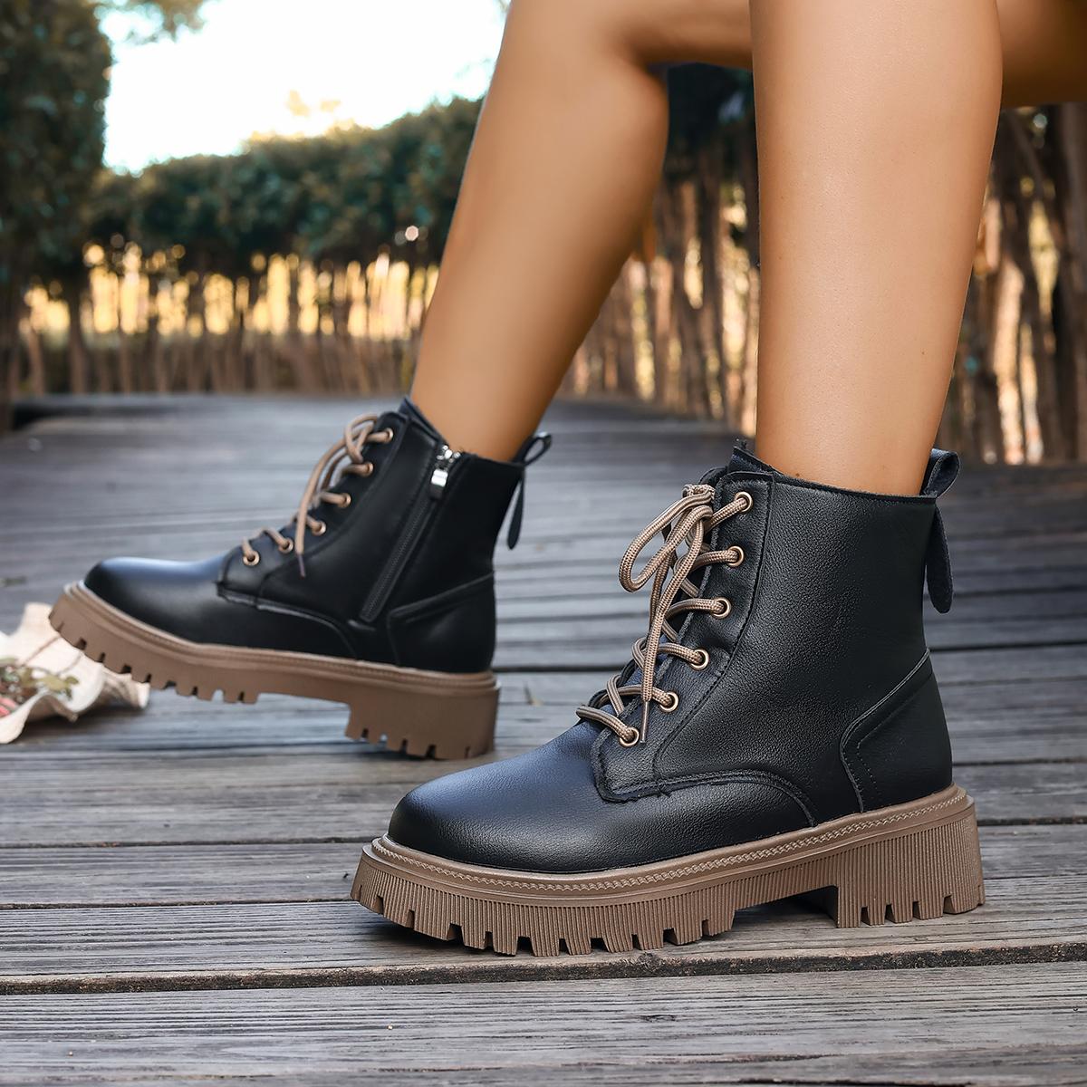 

Plus-Size British Style Winter New Arrival Thick-Sole Fashion Black Round Toe Side Lace Up Fleece-Lined Women s Ankle Boots 38