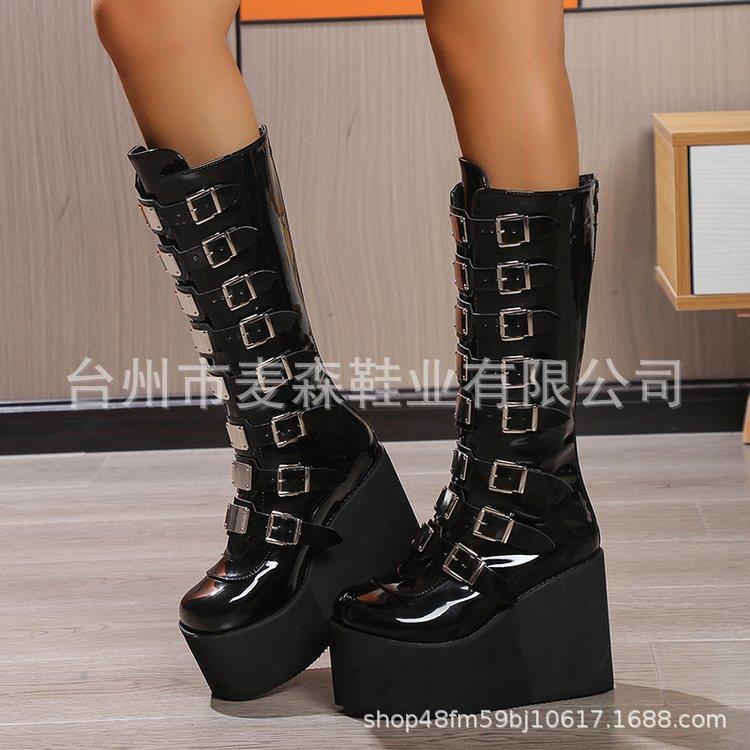 Buckle-up platform boots gothic wedge heels high boots female punk babes knight boots
