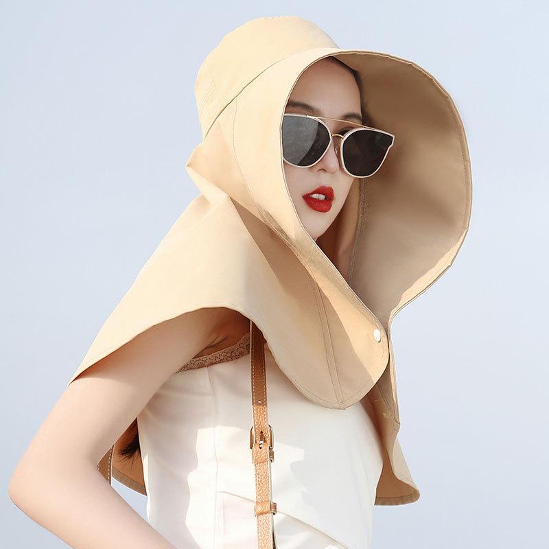 Women Large Brim Sun Hat Bucket Cap with Neck Flap Full Protection Anti-UV Washable Beach Hats Ladies Panama Hat