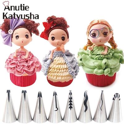 8 pçs/set bebê boneca saia vestido em forma de bico de aço inoxidável dicas de tubulação bicos de pastelaria ferramentas de decoração de bolo diy