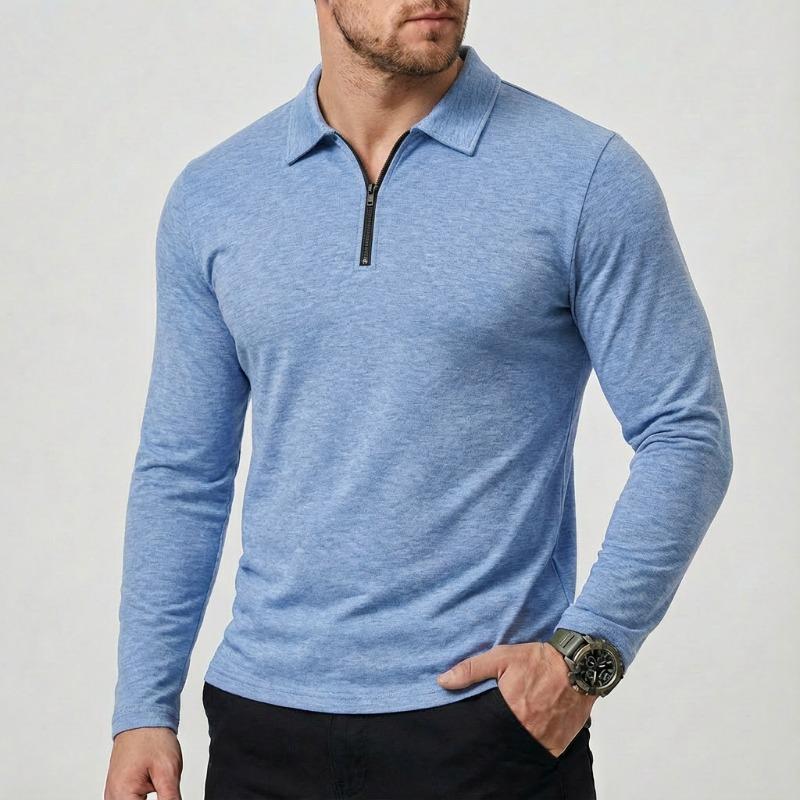 Men Turn Down Collar Half Zip Long Sleeve Polo Shirt Slim Fit Solid Casual Business Tops