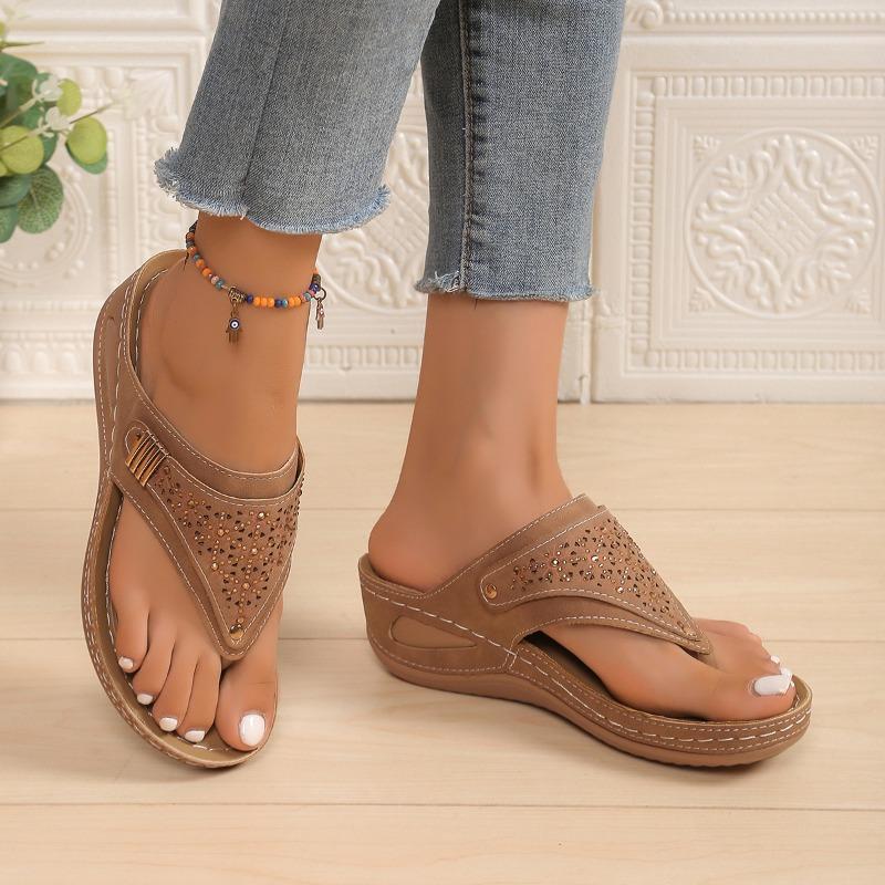 Women's Rhinestone Toe-Post Wedge Sandals, Stylish Open-Toe Flip Flops, Plus Size Summer Shoes