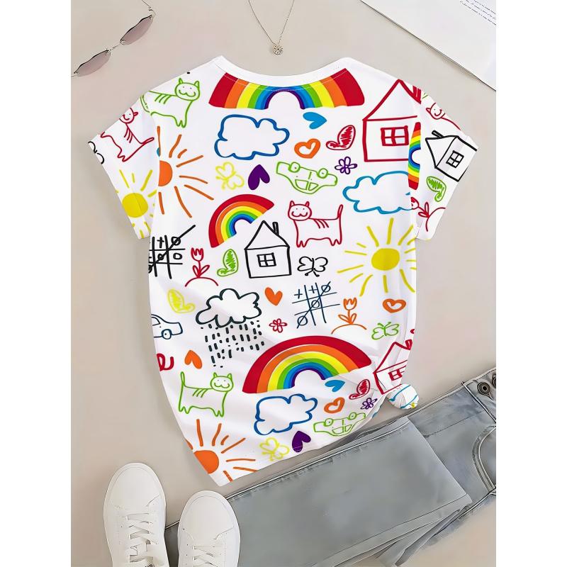 2026New Product Fun Graffiti Rainbow Cat Sunflower Print All-season Casual Tops Women's Short Sleeve