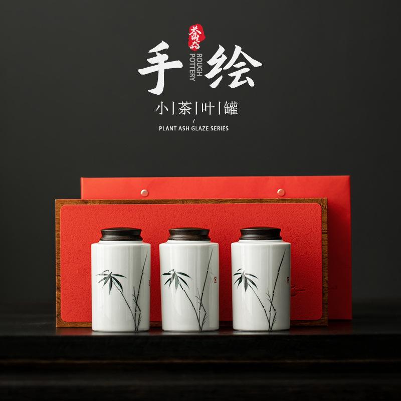 Ceramic Portable Small Tea Can Pure Hand Painted Bamboo Pu'er Tea Broken Silver Tea Packaging Sealed Tea Can Green Tea