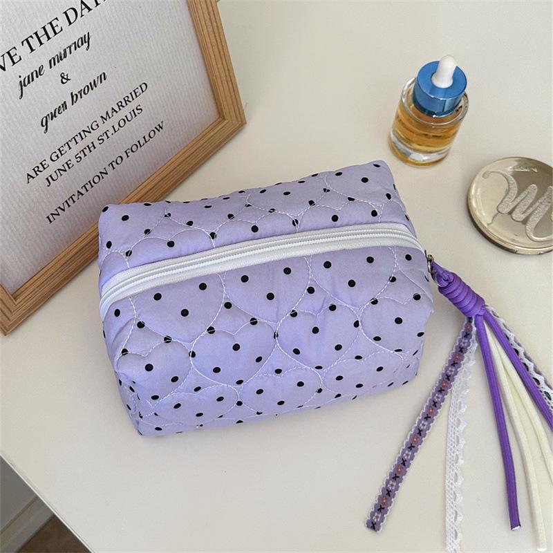 Polka Dot Heart Quilted Makeup & Skincare Travel Bag - Large Capacity with Zipper