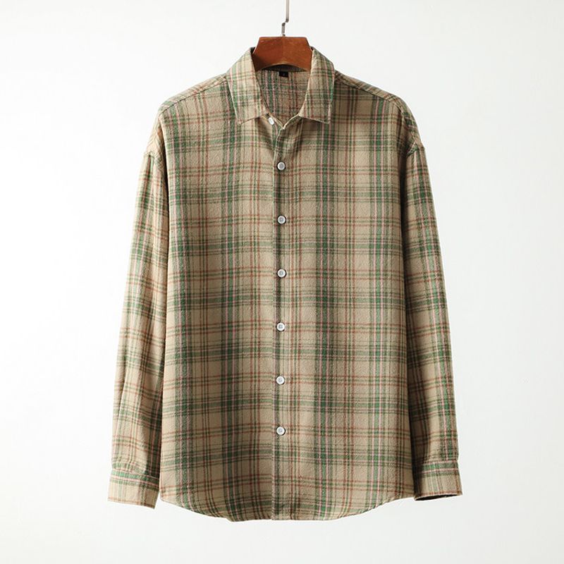 American vintage Washed Sanding Plaid Shirts Men's Long sleeve Spring and Autumn Stacked Outerwear Foreign Trade Men's Casual Shirt