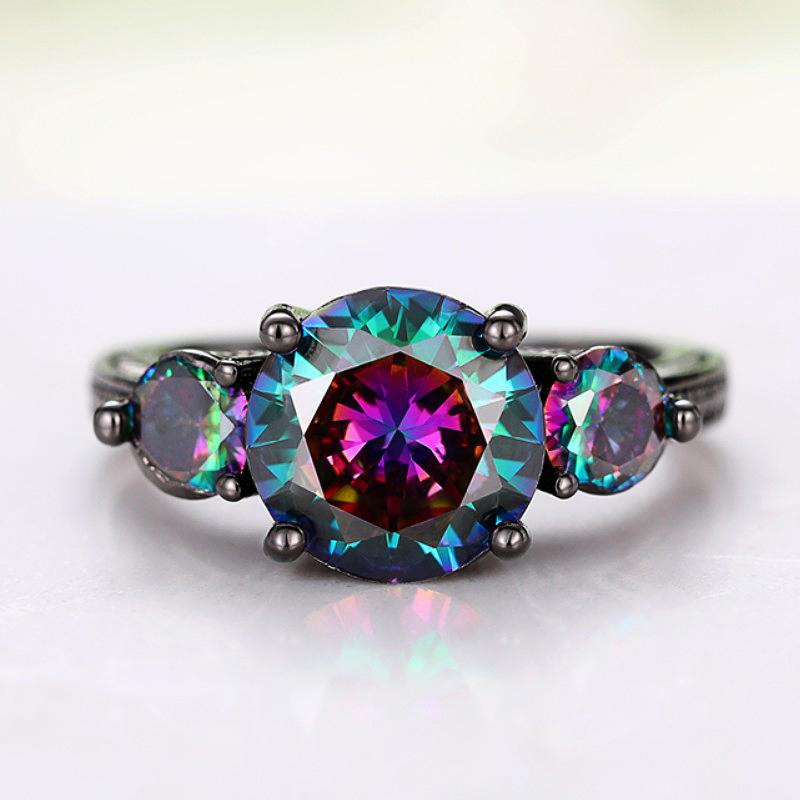 Huitan Women Unique Black Rings with Multi-colored Cubic Zirconia Wedding Band Accessories Vintage Rings Female Party Jewelry
