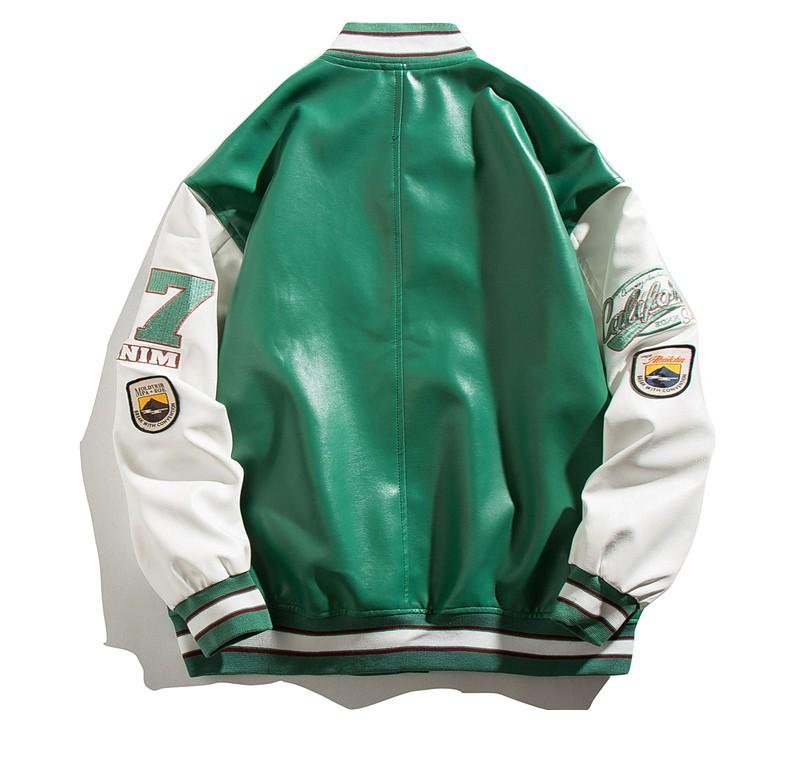 Men's PU Leather Baseball Jacket - Trendy American Style for Spring & Autumn, Niche Design, Couple's Splicing Jacket.