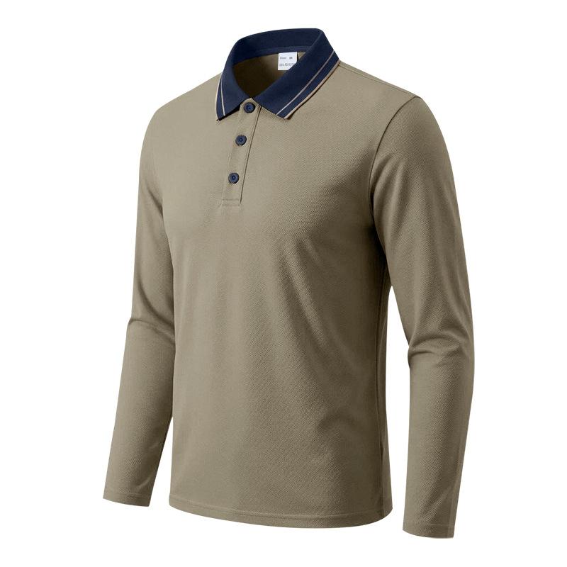 Autumn Mens Solid Long Sleeve Polo Shirt Contrast Striped Lapel Collar Button Placket Breathable Golf Casual Wear Tees