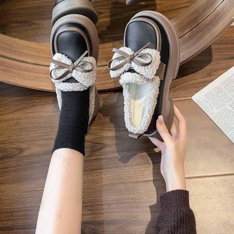 Fashion Bow Knot Women's Leather Shoes 2026 Winter New Plush Thicken Comfort Warm Shoes Height Increase Outdoor Non Slip Loafers