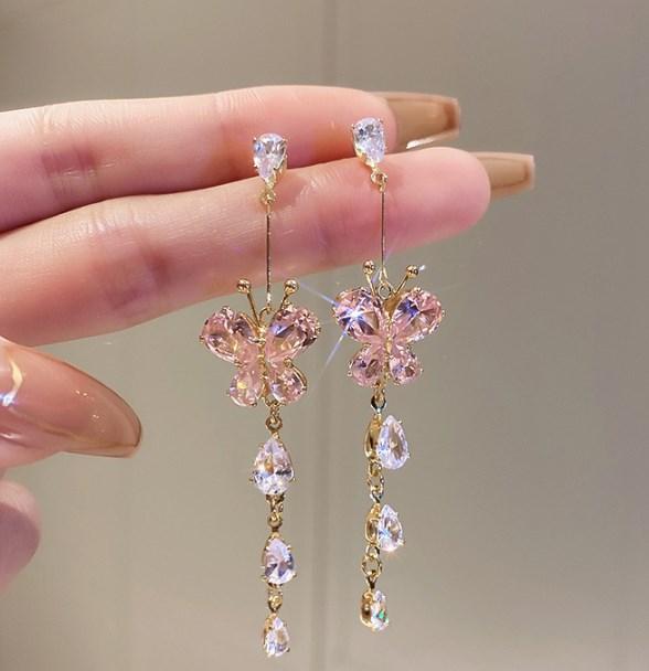 

Циркониевые серьги-кисточки с бабочками для женщин Новая мода Роскошный темперамент Фиолетовые серьги-капли Блестящие украшения для вечеринки розовый