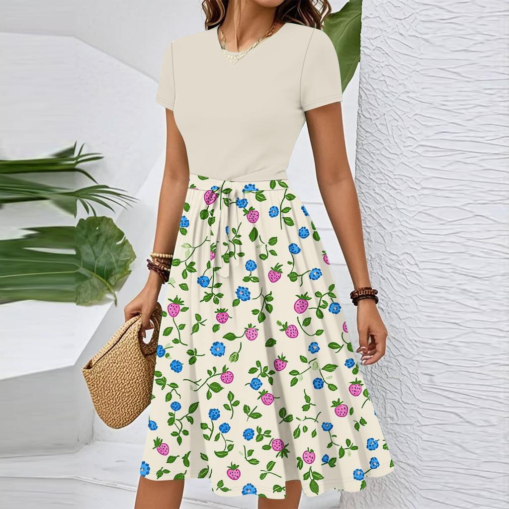 Women's Casual Fashion Belted Floral Printed Short Sleeve Round Neck Elegant Flowing Dress