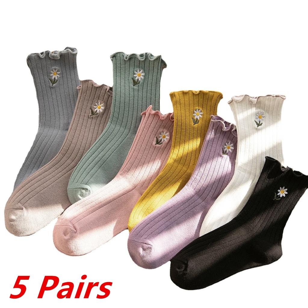 5 Pairs Lot Women Socks Cotton Japanese Korean Style Cute Flower Print Hajuruku Kawaii Floral Breathable Casual Sweet Socks