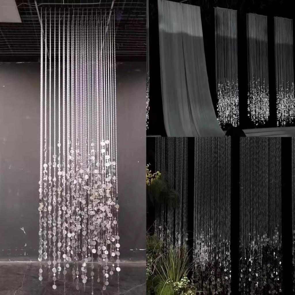 Acrylic Crystal Bead Curtain with Gold and Silver Sequin Pendants for Wedding and Banquet Hall Decor.