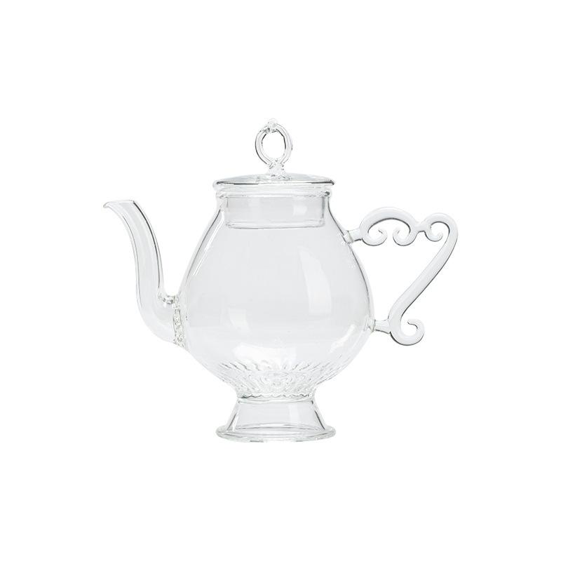 Vintage handgjord tekanna i glas, tekopp i högt borosilikatglas, rättvis kopp, redskap för eftermiddagste