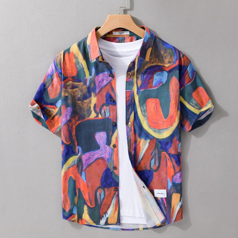 Men's Trendy Design Print Short Sleeve Beach Shirt - Comfortable, Breathable, Youth Casual Style