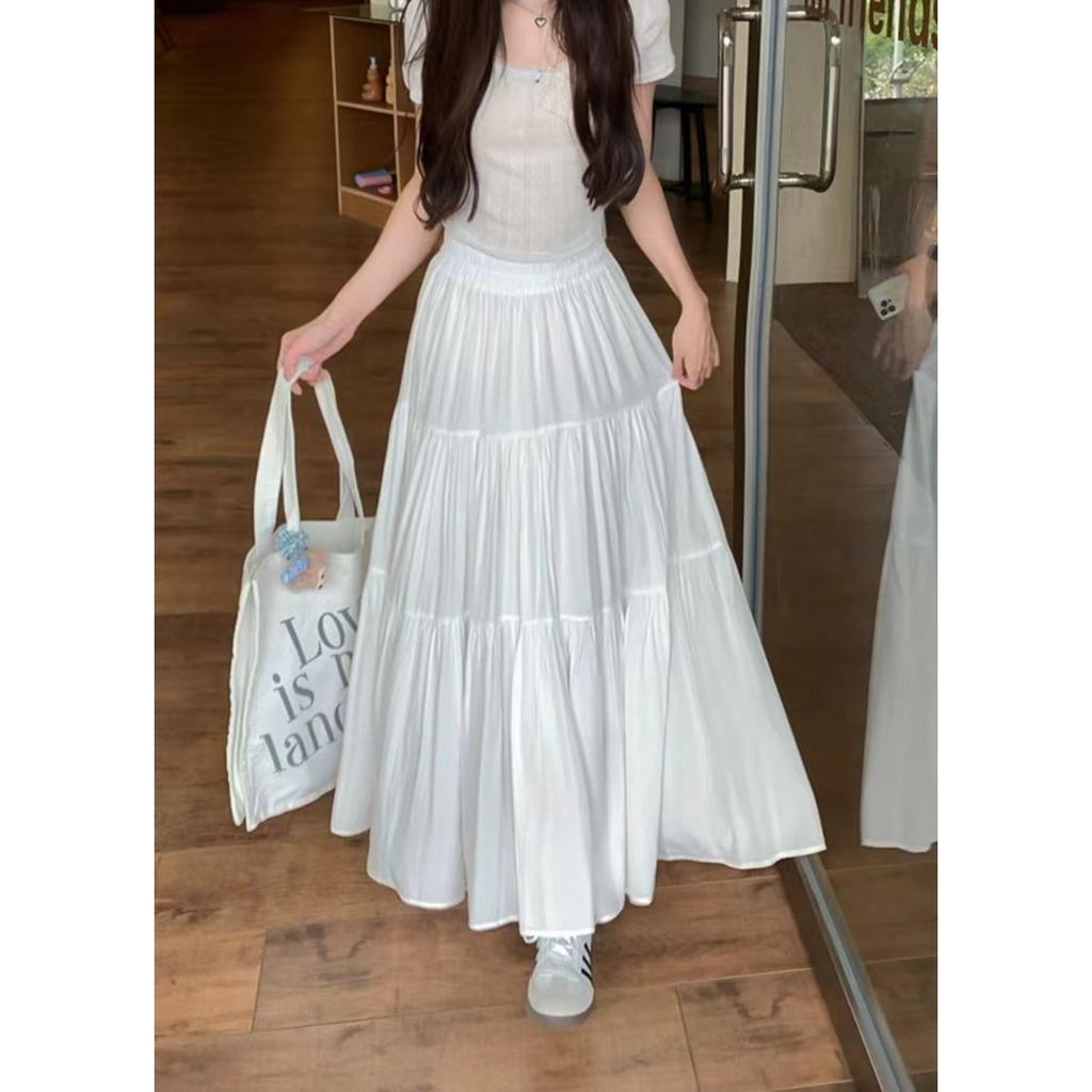 Women's Elastic Waist Maxi Skirt A Line Tiered Skirt Sweet French Vacation Summer Skirt
