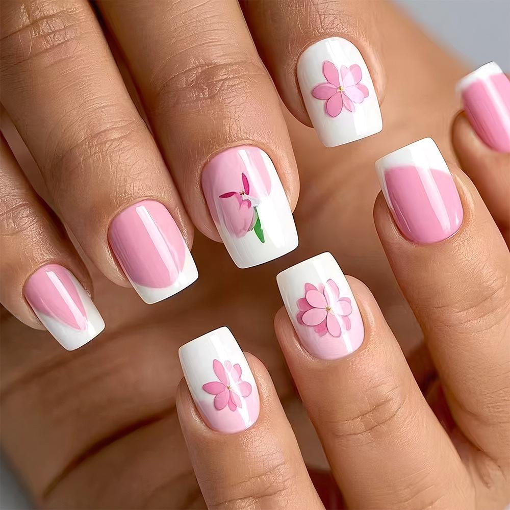 24-Piece Floral French Tip Glossy Nails - White & Pink
