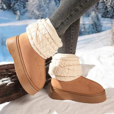 Thick Bottom Warm Faux Fur Snow Boots Women 2025 Winter Knitted Leg Covers Flat Heel Ankle Boots Sweet Non Slip Winter Shoes