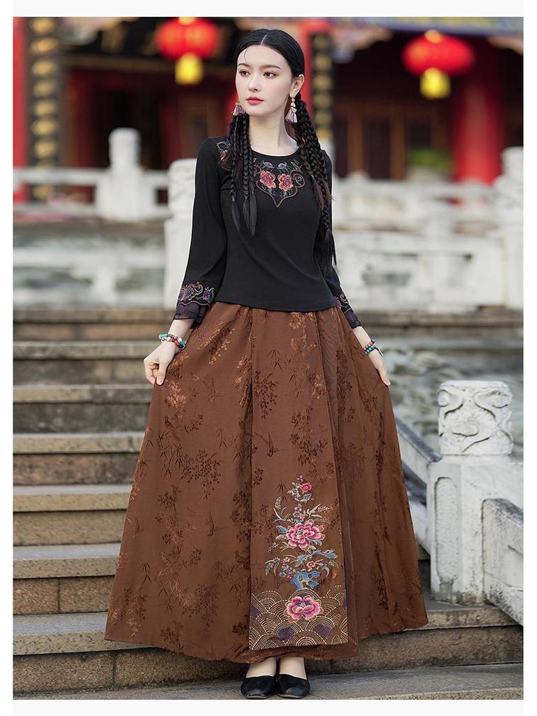 New Ethnic Women's Elastic Waist Retro Embroidery A-Line Skirt