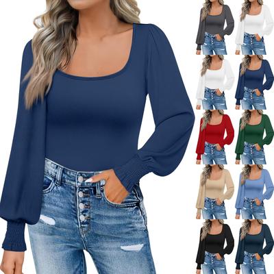Women's Fashion Casual Square Neck Slim Bubble Long Sleeve Solid Color Top