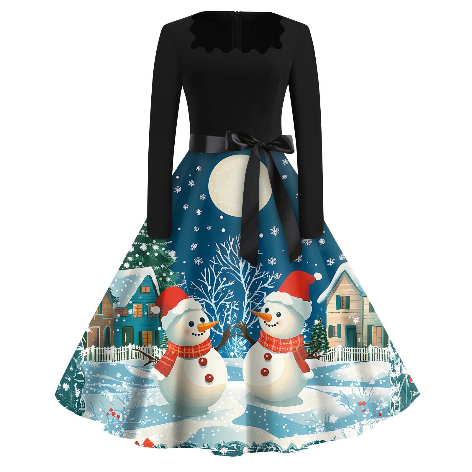 

Рождественский принт расклешенное платье для женщин платье с длинным рукавом ажурное вечернее повседневное платье с квадратным воротником XXXL синий