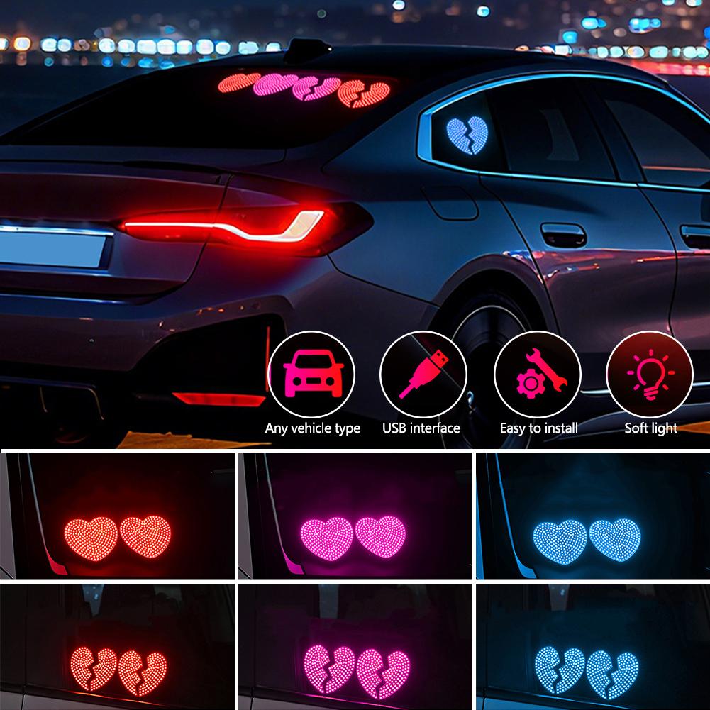 2Pcs/Set Heart-Shaped USB LED Car Interior Ambient Lights DIY Installation Auto Window Decoration Windshield Lights