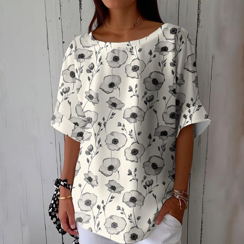 Women's Fashionable Casual Round Neck Printed Top Loose Top Printed Top Loose Top
