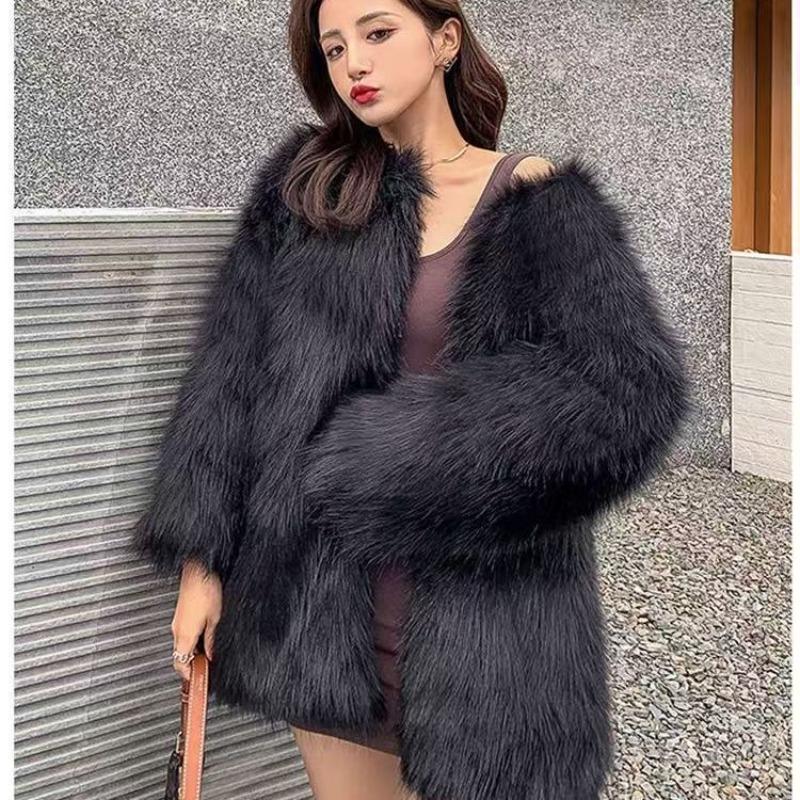 Medium and Long Collar Simple Imitation Fox Fur Coat Women's Autumn and Winter Toka Wool Coat