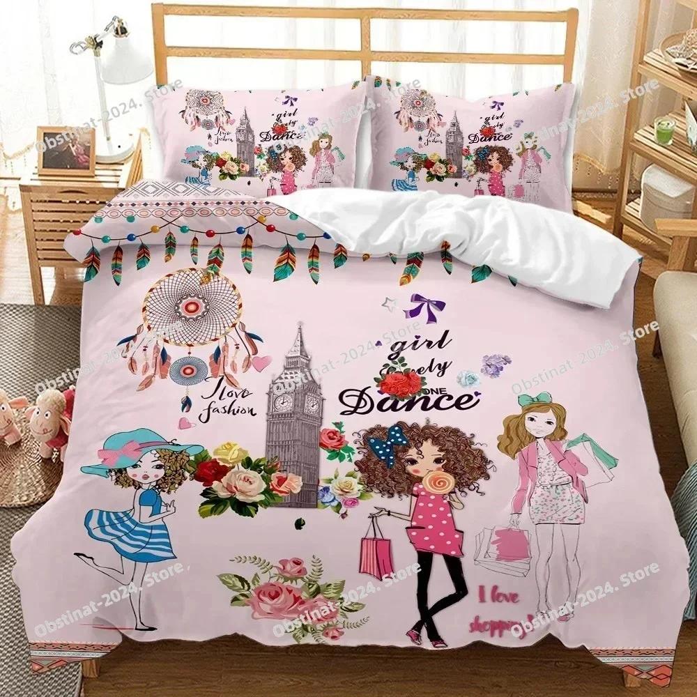 3D Fashion Cartoon Girl Scenery Bedding Set Modern Printed Comforter Quilt Duvet Cover Pillow Case 3 Pieces Sets Kids Adult Size