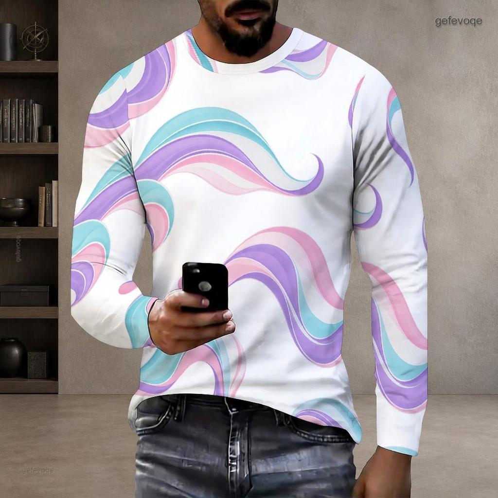 Men s Plus Size Round Neck Long Sleeve Printed T Shirt White Green Pullover Straight Hem