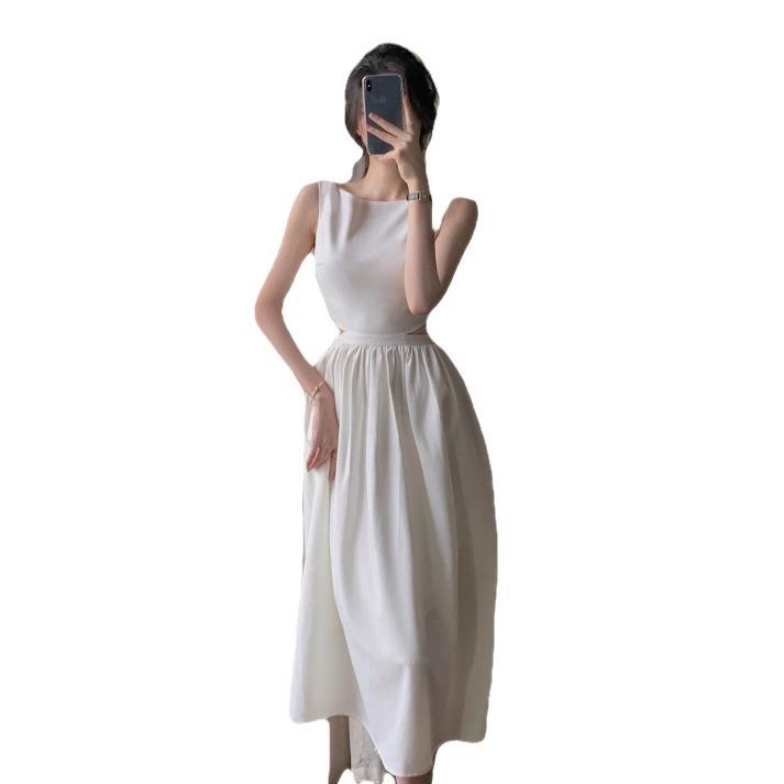 Summer new French coffee break vest long dress sexy waist white splicing suspender dress