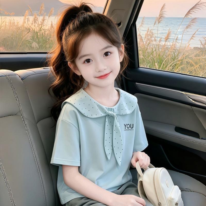 Girls Summer Preppy Peter Pan Collar Short Sleeve T Shirt Casual Cotton Top For Big Kids