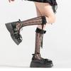 Japanese Style Ruffle Lace Trim Over the Calf Socks for Women Cute Ribbon Bowknot Hollowed Out Heart Fishnet Stockings