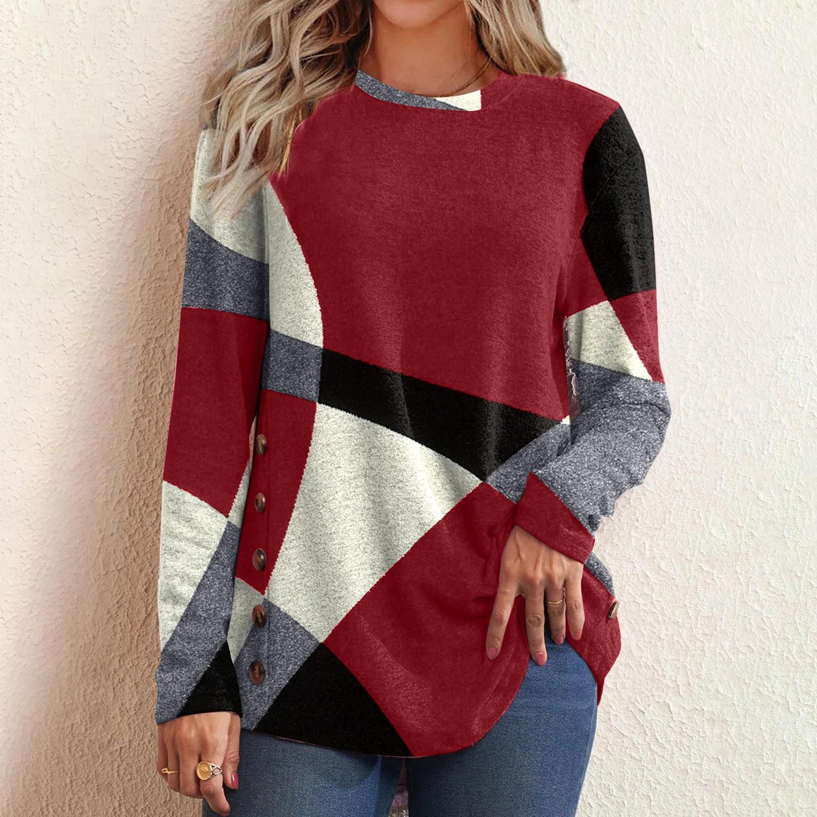 

Женская футболка на пуговицах с геометрическим принтом и цветными блоками в стиле пэчворк, длинный рукав, с принтом Верх XL красный