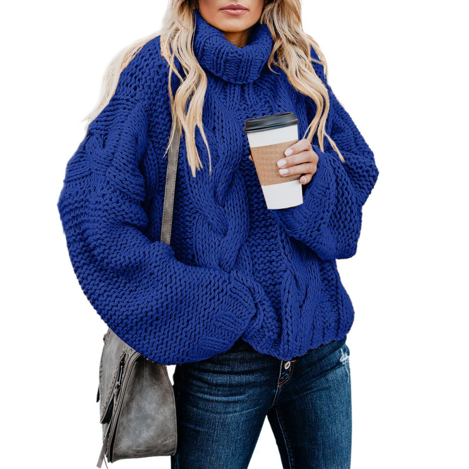 

Женская повседневная водолазка с длинным рукавом, пуловер массивной вязки, свитер, джемпер, топы, свитер M синий