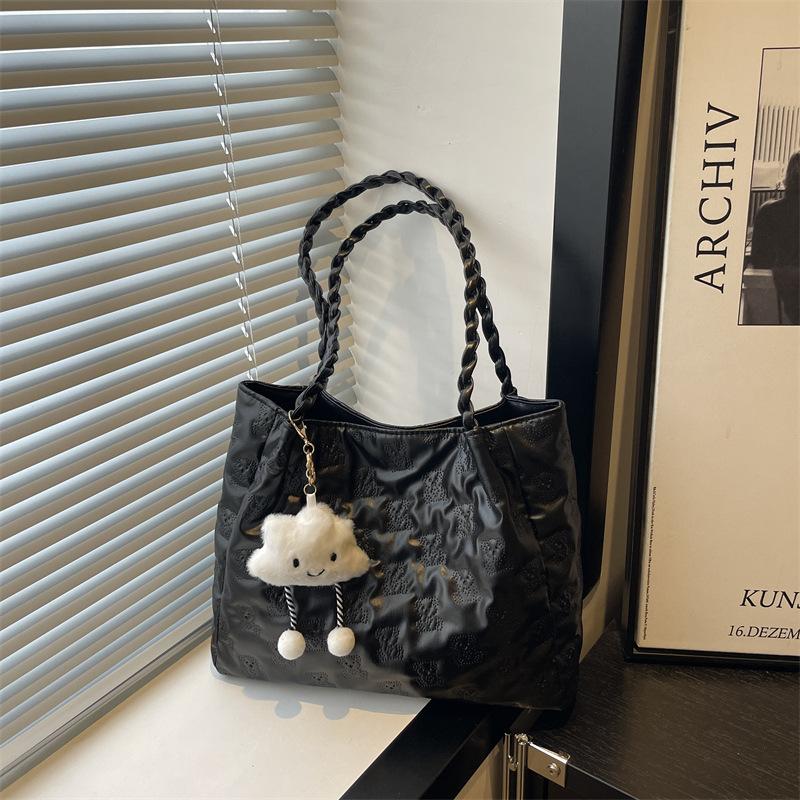 

Bow girl heart texture wind embroidery thread pleats large capacity solid color shoulder bag tote handbag Without pendant чорний