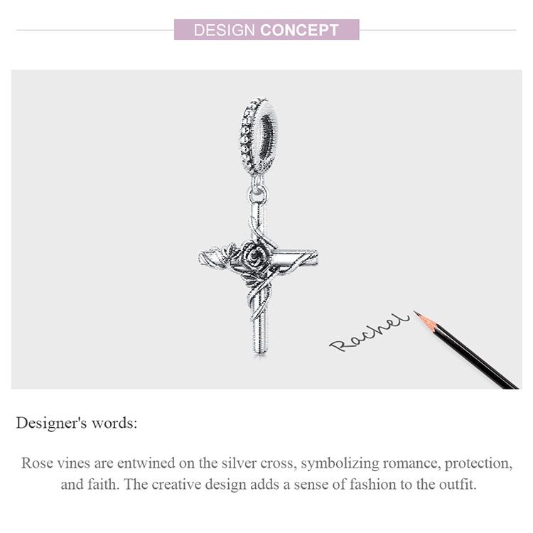 Bamoer 925 Sterling Silver Vintage Romantic Rose Vine and Cross Charm Pendant for Women Fine Jewelry