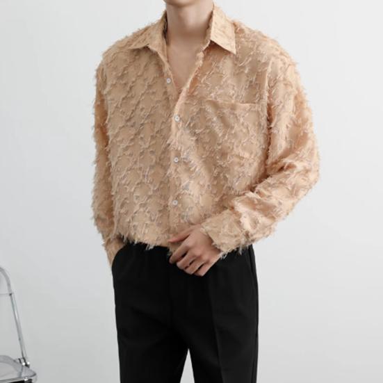 Pánská košile s náprsní kapsou a střapcovou ozdobou, klasický límeček, jednoradové zapínání, dlouhé rukávy, jednobarevná