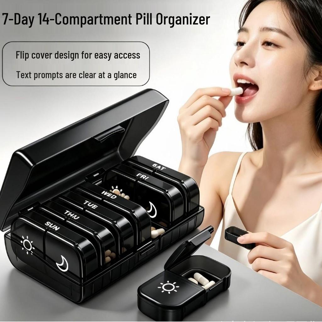Weekly 14-Compartment Morning & Evening Pill Box, Easy Dispensing, Twice Daily Small Plastic Organizer