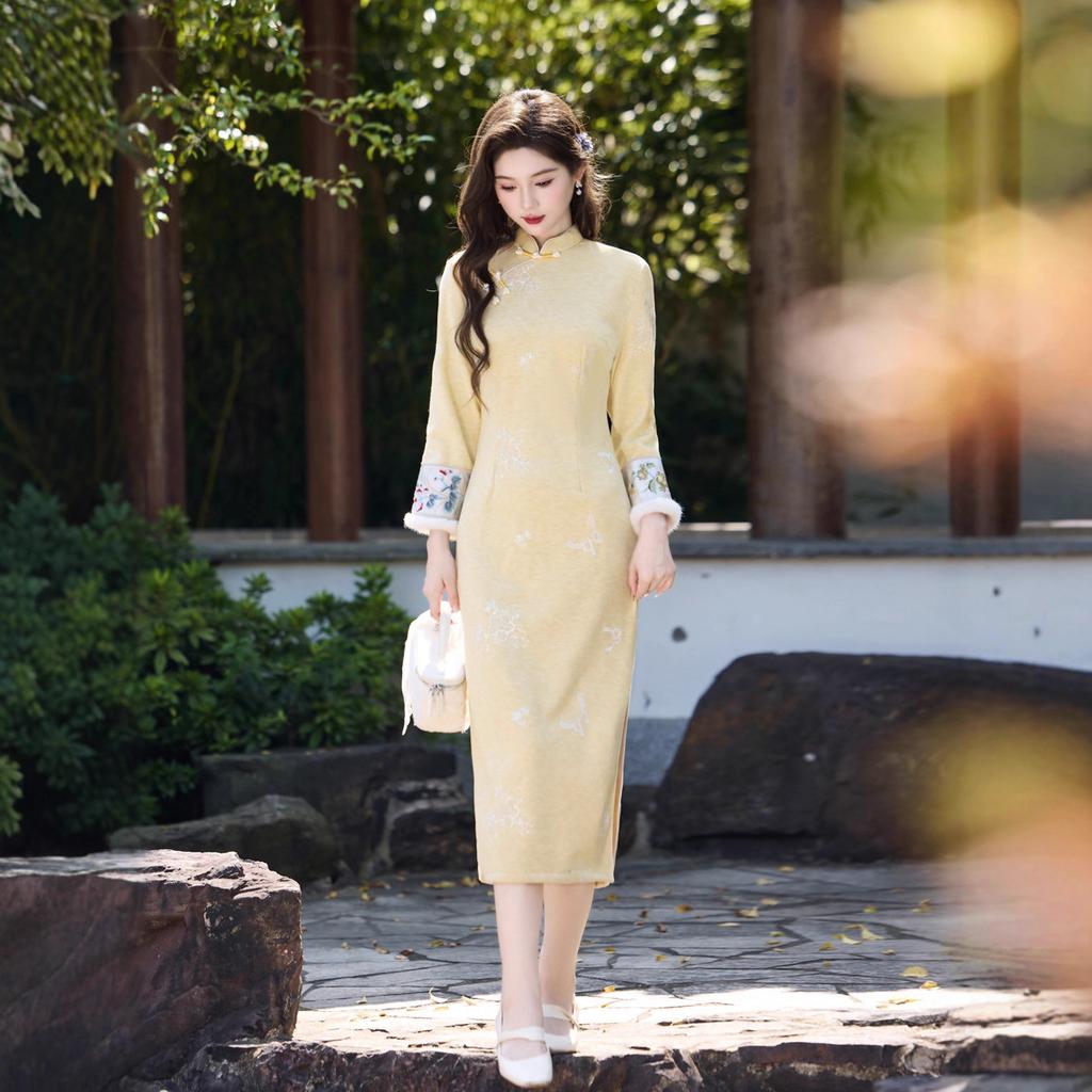 1011 Yellow New Temperament Fleece Improved Chinese Dress Long Sleeve Girl Cheongsam Daily Young Autumn and Winter